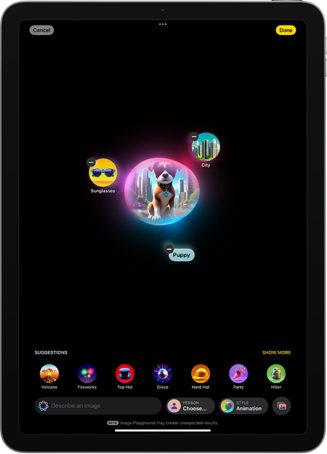 Het venster van de Image Playground-app, met een gegenereerde afbeelding van een persoon verkleed als superheld.