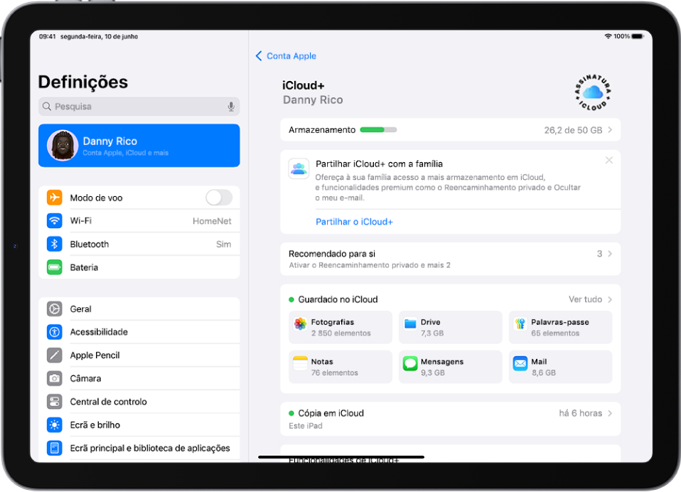 Ecrã das definições de iCloud, com o indicador de armazenamento em iCloud e uma lista de aplicações e funcionalidades, incluindo Fotografias, iCloud Drive e Mail em iCloud que podem ser usados com iCloud.