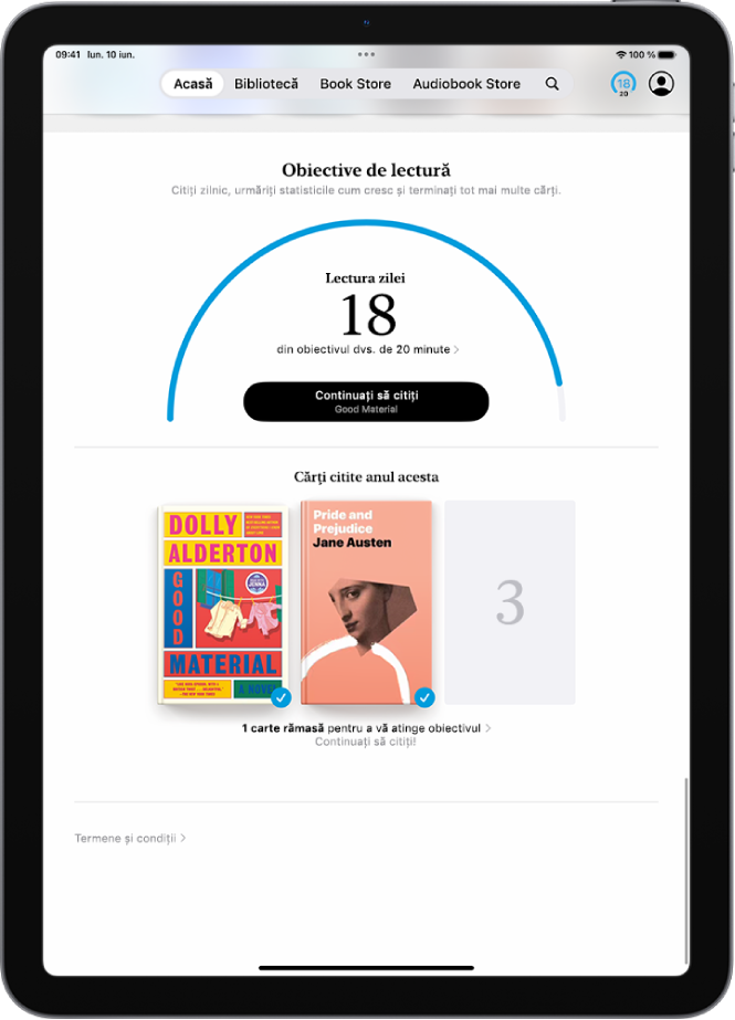 Ecranul Obiective de lectură afișând statistici pentru utilizator, cum ar fi Lectura de astăzi, recordul de lectură pentru săptămâna curentă și cărțile citite în acest an.