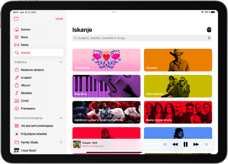 Zaslon Iskanje s prikazom stranske vrstice na levi in iskalnim poljem zgoraj desno. Pod iskalnim poljem se prikažejo različne kategorije glasbe. MiniPlayer je na dnu.