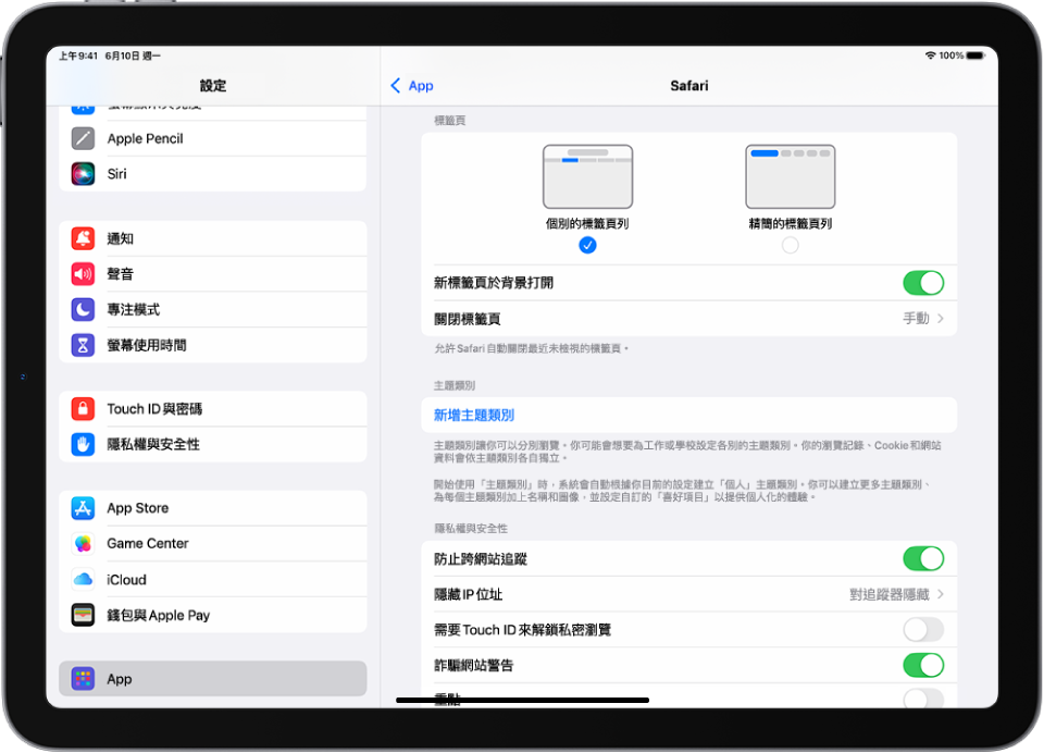 「設定」App 視窗,左側的側邊欄已選取 App,右側是 Safari 面板,顯示在頂部使用標籤頁的選項。