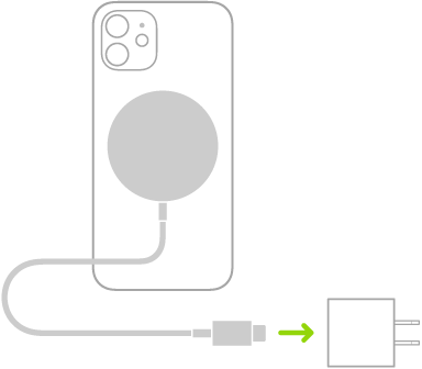 رسم توضيحي يوضح أحد طرفي شاحن MagSafe المتصل بالجزء الخلفي من الـ iPhone والطرف الآخر المتصل بمحول الطاقة.