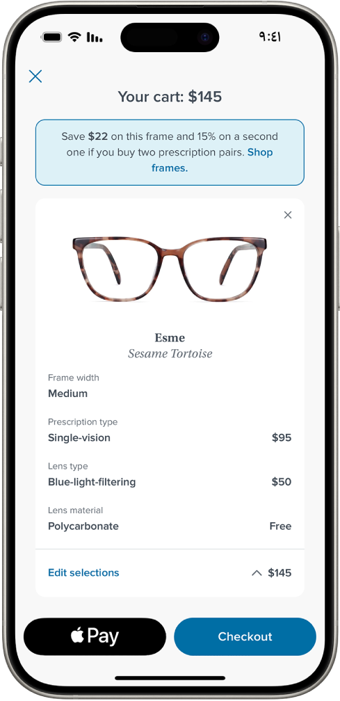 عربة التسوق الخاصة بتطبيق تعرض أسعار العناصر المحددة. يظهر زر Apple Pay في الجزء السفلي الأيمن.