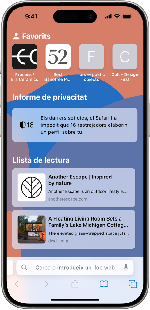 La pàgina principal del Safari mostra els llocs web favorits, l’informe de privacitat i els llocs web desats a la llista de lectura.