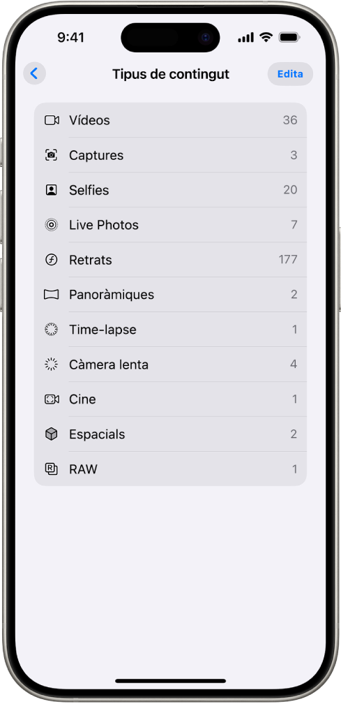 A l’app Fotos, s’obre la col·lecció “Tipus de contingut” amb una llista de col·leccions de fotos.
