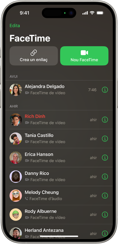 La pantalla per iniciar una trucada del FaceTime mostra els botons “Crea un enllaç” i “Nou FaceTime” per començar una trucada del FaceTime.