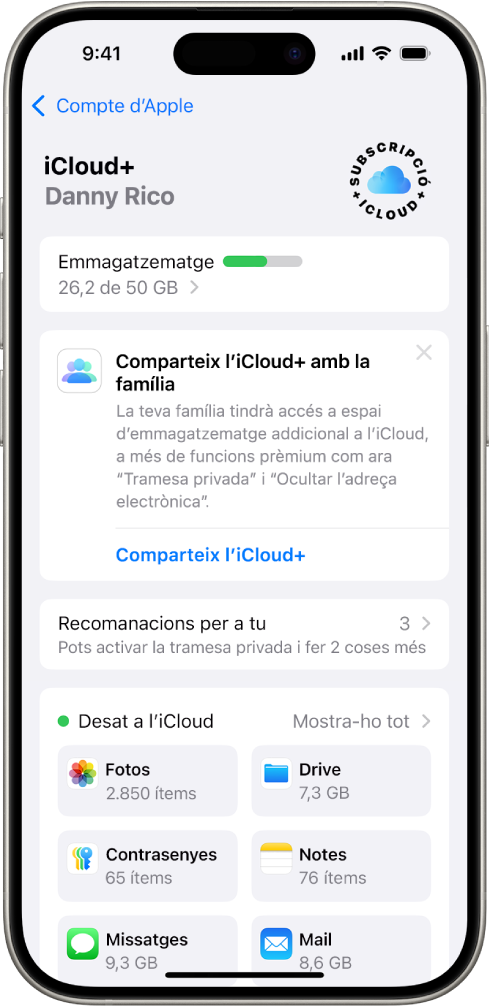 Pantalla de configuració de l’iCloud amb l’indicador d’emmagatzematge a l’iCloud i una llista que inclou l’app Fotos, l’iCloud Drive i la funció de còpia a l’iCloud, entre altres apps i funcions que es poden utilitzar amb l’iCloud.