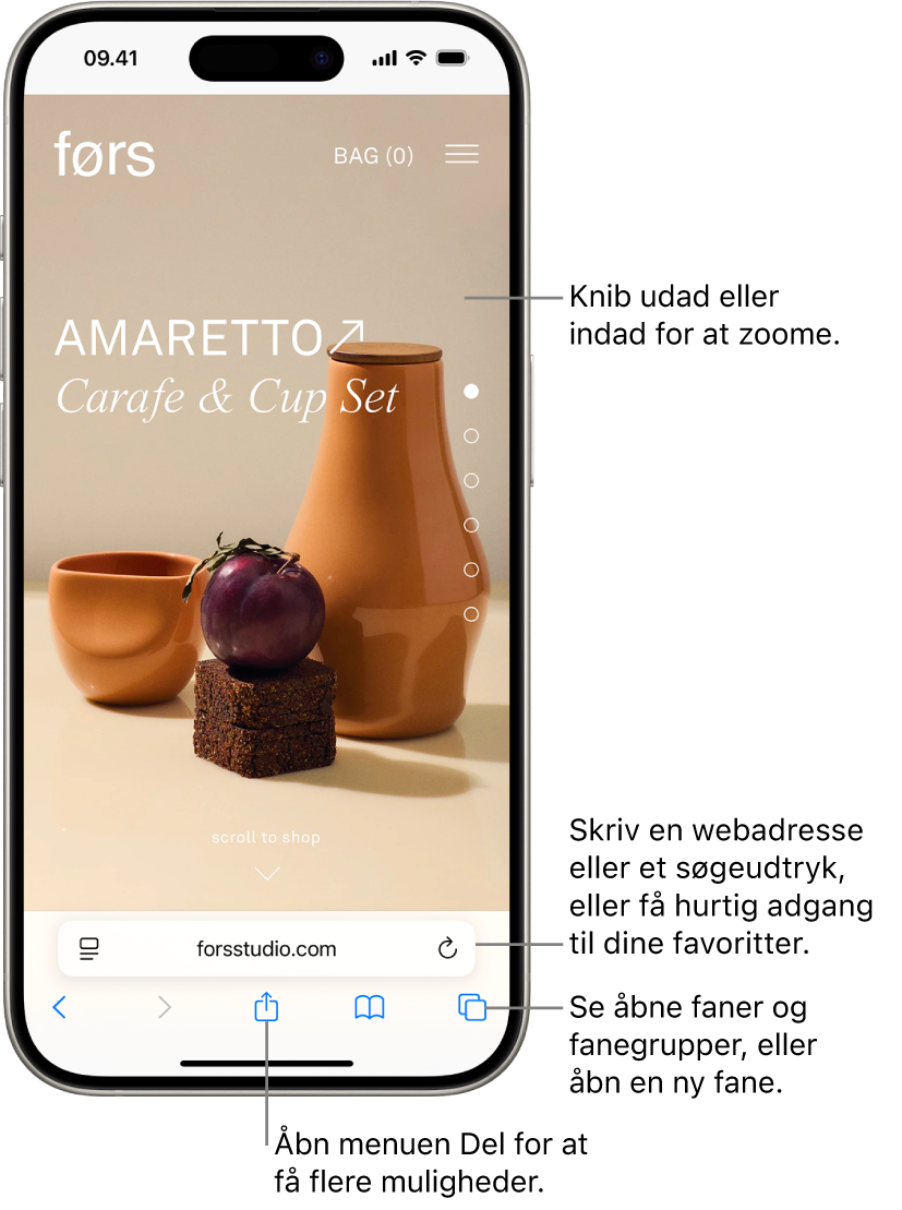 Et websted er åbent i Safari med adressefeltet nederst. Nederst fra venstre til højre ses knapperne Tilbage, Frem, Del, Bogmærker og Faner.