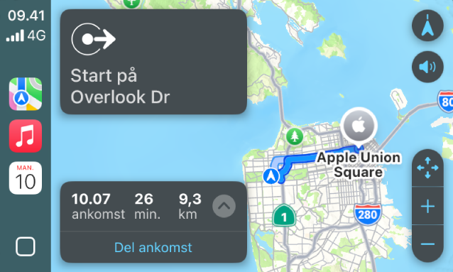 CarPlay, der viser Kort, Musik og Kalender i indholdsoversigten. På højre side er der en navigationsrute fra Apple Park til Apple Union Station.