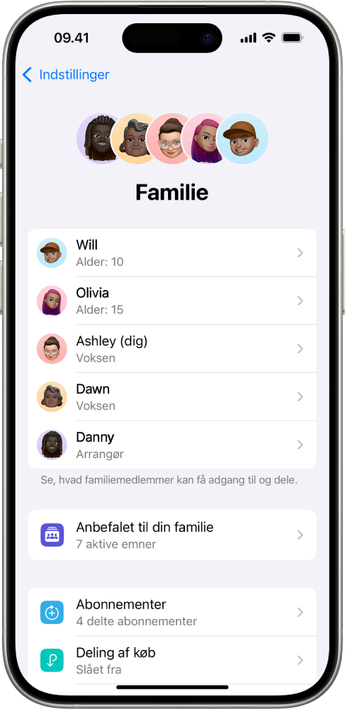 Skærmen Familiedeling i Indstillinger. Der vises en liste med fem familiemedlemmer. Under deres navne er der familieanbefalinger og valgmulighederne Abonnementer og Deling af køb.