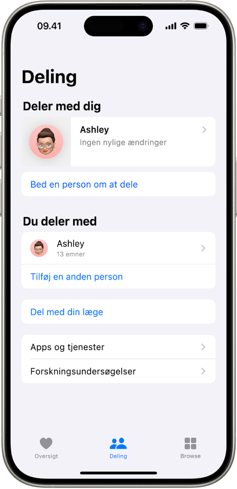 Skærmen Deling i appen Sundhed.