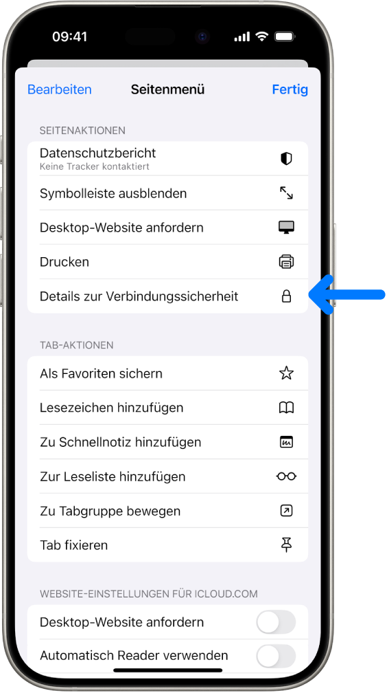 Das Menü „Seiteneinstellungen“ ist in Safari geöffnet und das Steuerelement „Details zur Verbindungssicherheit“ befindet sich in der Mitte der Seite.