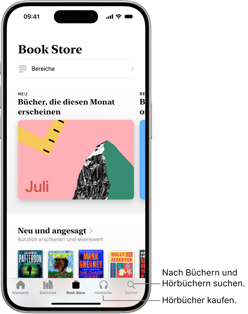 Der Bildschirm „Book Store“ in der App „Bücher“. Unten auf dem Bildschirm sind von links nach rechts die Tabs „Home“, „Bibliothek“, „Book Store“, „Hörbücher“ und „Suchen“ zu sehen. Der Tab „Book Store“ ist ausgewählt.