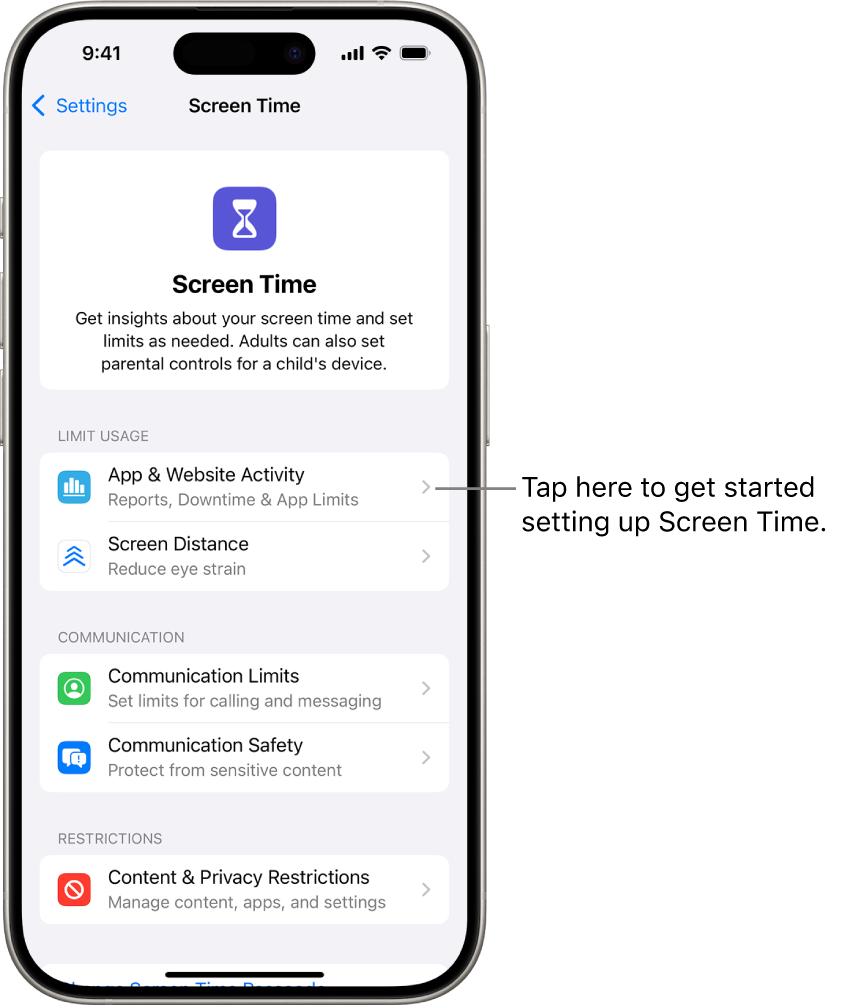 The screen for setting up Screen Time, showing that you tap App & Website Activity to get started.