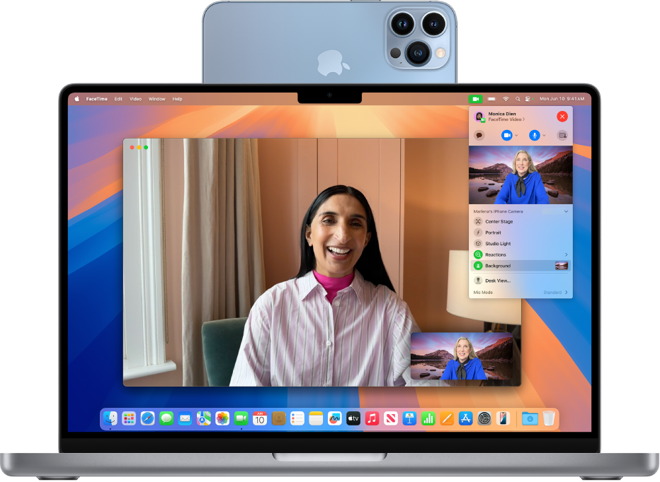 A MacBook Pro using an iPhone as a webcam and showing a FaceTime conversation.