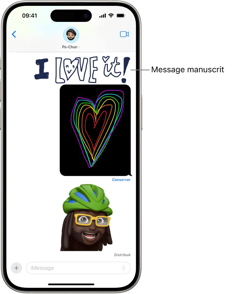 Une conversation Messages avec différentes animations : un message manuscrit, un effet Digital Touch et un Memoji animé.