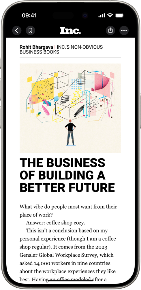 Un article d’Apple News. En haut à gauche de l’écran se trouve le bouton Retour permettant de retourner dans l’app Bourse, ainsi que le bouton Signet. En haut à droite se trouvent les boutons « Taille du texte » et « Plus d’actions ».