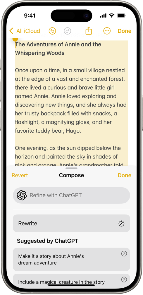 iPhone affichant un article en cours de rédaction dans l’app Notes. En bas de l’écran se trouve la zone de dialogue Rédiger avec les Outils d’écriture, proposant des options permettant de décrire une modification, reformuler, choisir des suggestions de ChatGPT et plus encore.