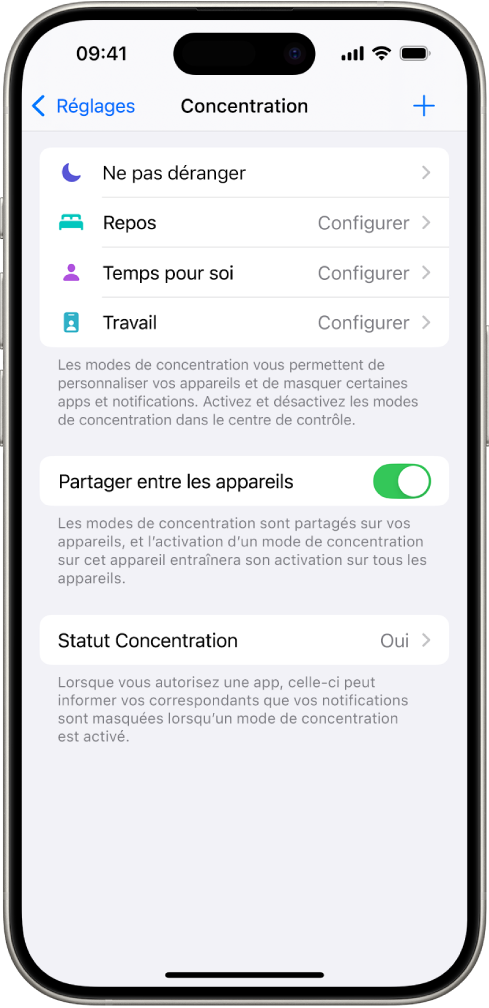 Un écran affichant cinq modes de concentration fournis : Ne pas déranger, Aucun message pendant les appels, Repos, Temps pour soi et Travail. L’option « Partager entre les appareils » est activée, ce qui permet d’utiliser les mêmes réglages de concentration sur tous vos appareils Apple.