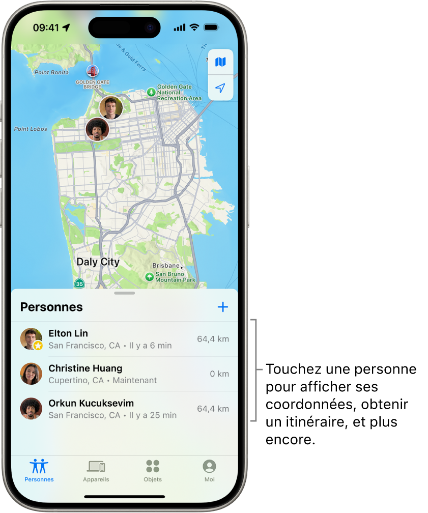 L’écran Localiser ouvert sur la liste Personnes. La liste comprend quatre personnes : Olivia Rico, Dawn Ramirez, Ashley Rico et Will Rico. Touchez le bouton Ajouter en haut de la liste Personnes pour partager votre position.