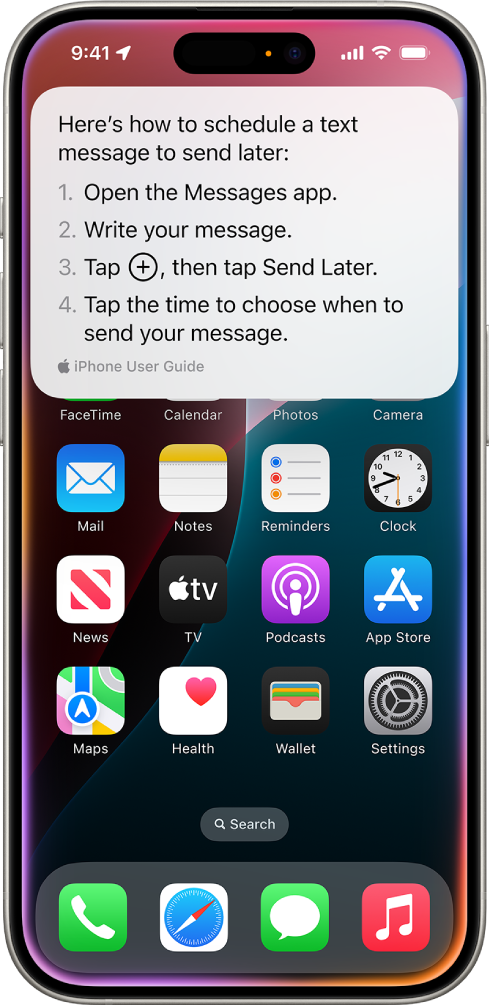 L’écran d’accueil de l’iPhone, affichant les études proposées par Siri pour la programmation d’un message texteage texte à envoyer ultérieurement.