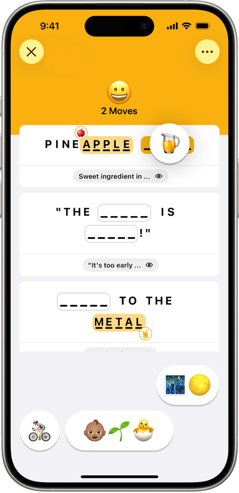 Az Emoji Game, amelyben a lépések száma látható, két válaszként elhelyezett emoji és egy, amelyet a felhasználó egy meg nem válaszolt helyre készül elhelyezni.