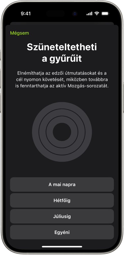 A Fitnesz Gyűrűk szüneteltetése képernyője, amelyen a Tevékenységgyűrűk szüneteltetésének beállításai láthatók.