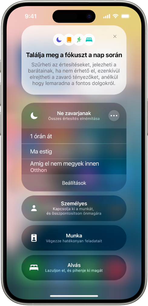 A Ne zavarjanak funkció időtartamának kiválasztására szolgáló képernyő a következő lehetőségekkel: „1 órán át”, „Ma estig”, „Amíg el nem megyek innen”.