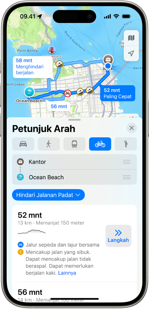 Peta menampilkan pilihan rute bersepeda. Kartu rute di bagian bawah menyediakan detail, termasuk perkiraan waktu perjalanan, perubahan elevasi, dan jenis jalan. Tombol Mulai muncul di sebelah kanan detail.
