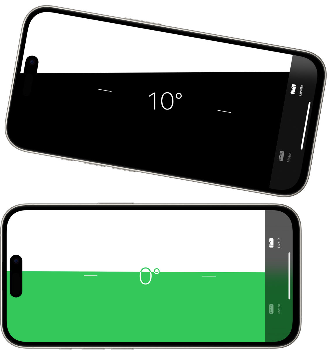 La schermata della livella nell’app Metro. In alto, iPhone presenta un angolo di inclinazione di 10 gradi; in basso, iPhone è in piano.