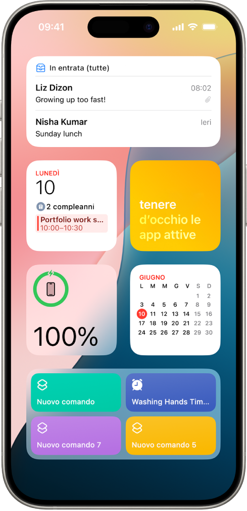Widget mostrati nella vista Oggi, tra cui Promemoria, Foto, Batteria, Calendario, Suggerimenti e altri.