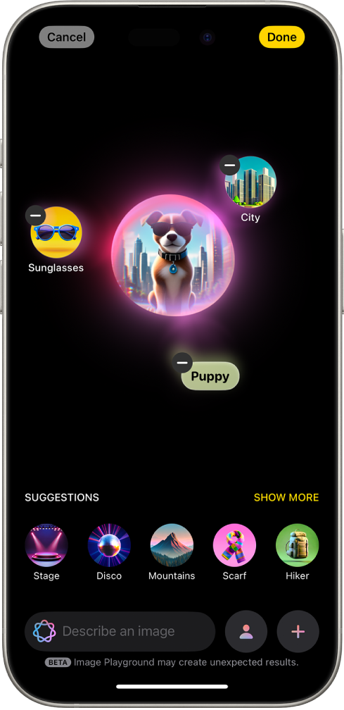 La finestra dell’app Image Playground che mostra l’immagine creata di un cane che indossa un paio di occhiali da sole.