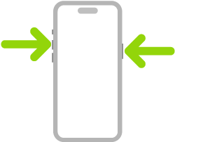 iPhoneの図。矢印はサイドボタン(右上)と音量を上げるボタン(左上)を指しています。