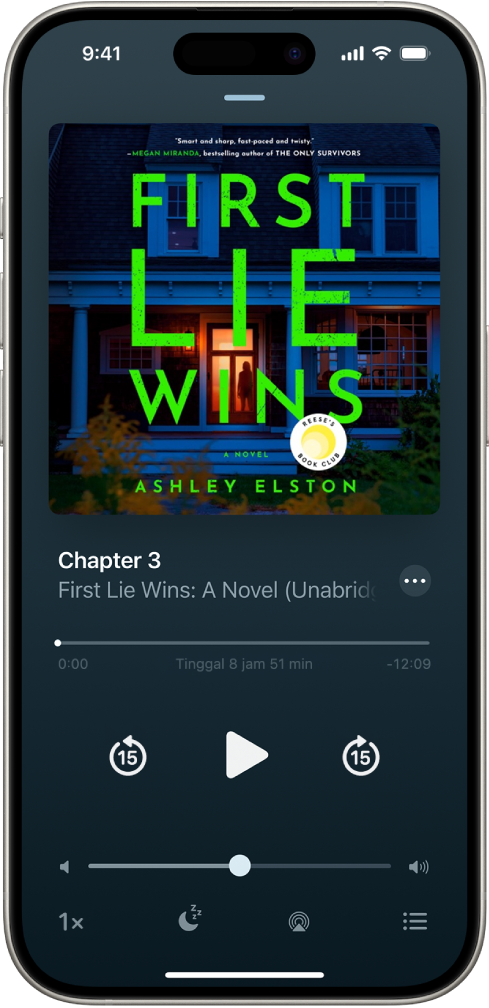 Skrin pemain buku audio menunjukkan, dari atas ke bawah, kulit buku audio, nama bahagian yang dimainkan, penunjuk main, butang jeda dan butang langkau ke depan atau belakang. Di bahagian bawah ialah gelangsar kelantangan dan di bawahnya ialah butang untuk mengawal kelajuan main balik, mengesetkan pemasa tidur, memilih destinasi main balik dan melihat senarai trek buku.