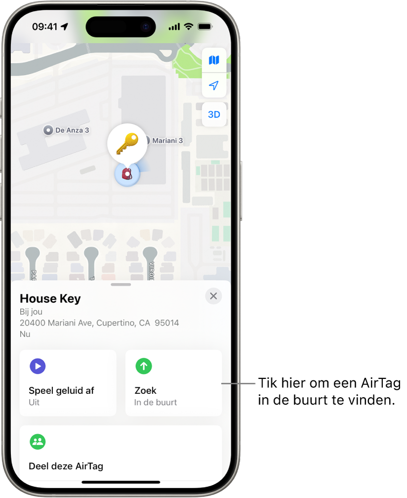 De Zoek mijn-app, waarin de sleutels van Dennis in Golden Gate Park te zien zijn. Tik op de knop 'Zoek' om een AirTag in de buurt terug te vinden.