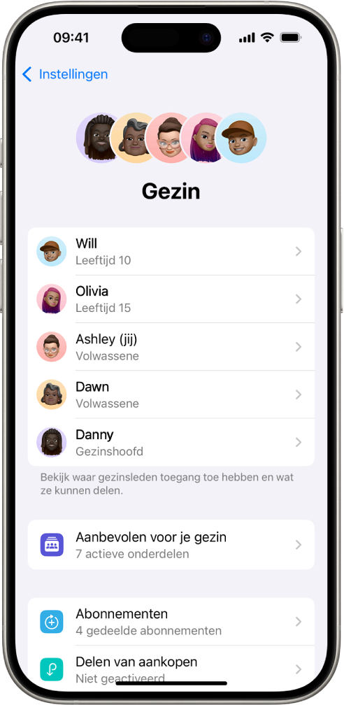 Het scherm 'Delen met gezin' in Instellingen. Er staan vijf gezinsleden in de lijst. Onder hun namen staan gezinsaanbevelingen, abonnementen en opties voor het delen van aankopen.