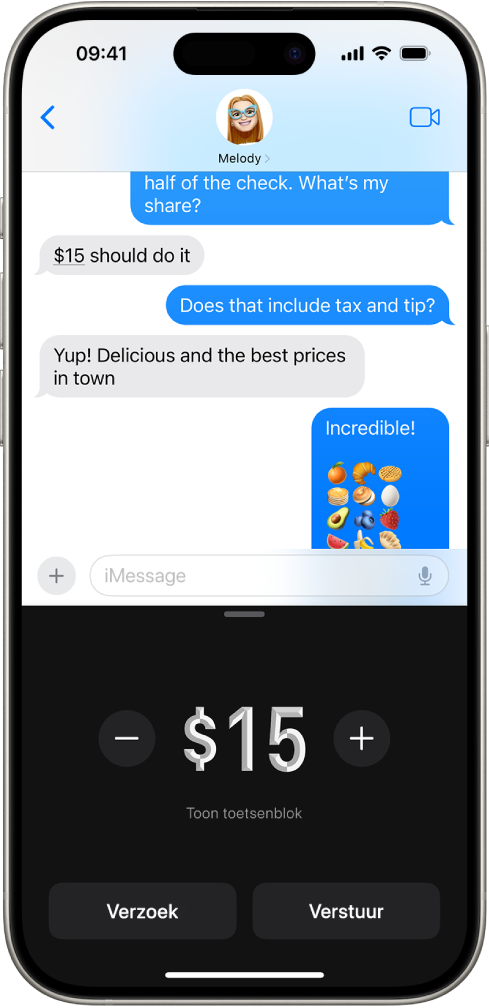 Een iMessage-gesprek met Apple Pay onder in het scherm geopend.