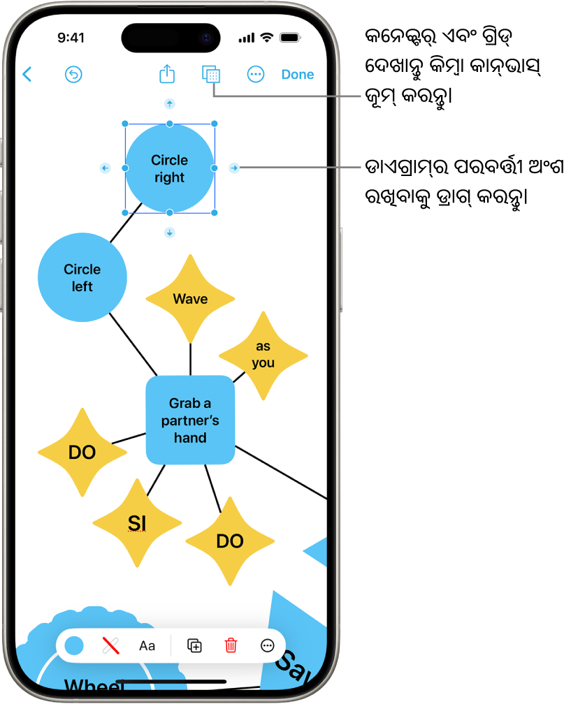 ଏକ ଚୟନିତ ଆକୃତି ଉପରେ ଦେଖାଯାଉଥିବା ଏବଂ ସ୍କ୍ରୀନ୍ ତଳେ ଦେଖାଯାଉଥିବା ଆକୃତି ଫର୍ମାଟ୍ ଟୁଲ୍ ଏକ କନେକ୍ଟର୍ ସହିତ Freeform ବୋର୍ଡ୍ରେ ଏକ ରେଖାଚିତ୍ର।
