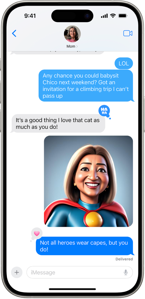 iPhone ମେସେଜ୍ ଆପ୍ରେ ଏକ ବାର୍ତ୍ତାଳାପ ଦେଖାଉଛି। ସ୍କ୍ରୀନ୍ର ମଝିରେ Image Playgroundରେ ତିଆରି ହୋଇଥିବା ଏକ ଇମେଜ୍ ଦେଖାଉଛି।