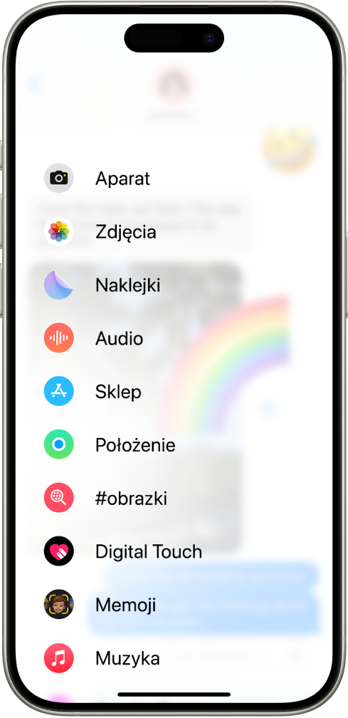 Po stuknięciu w przycisk Aplikacje w rozmowie w Wiadomościach wyświetlana jest lista funkcji, które można dodać do wiadomości.