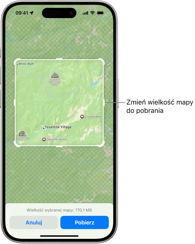 Mapa parku narodowego. Park otoczony jest prostokątem z uchwytami. Uchwyty te można przesunąć, aby zmienić wielkość mapy do pobrania. Wielkość mapy do pobrania wyświetlana jest na dole mapy. Na dole ekranu znajdują się przyciski Anuluj oraz Pobierz.