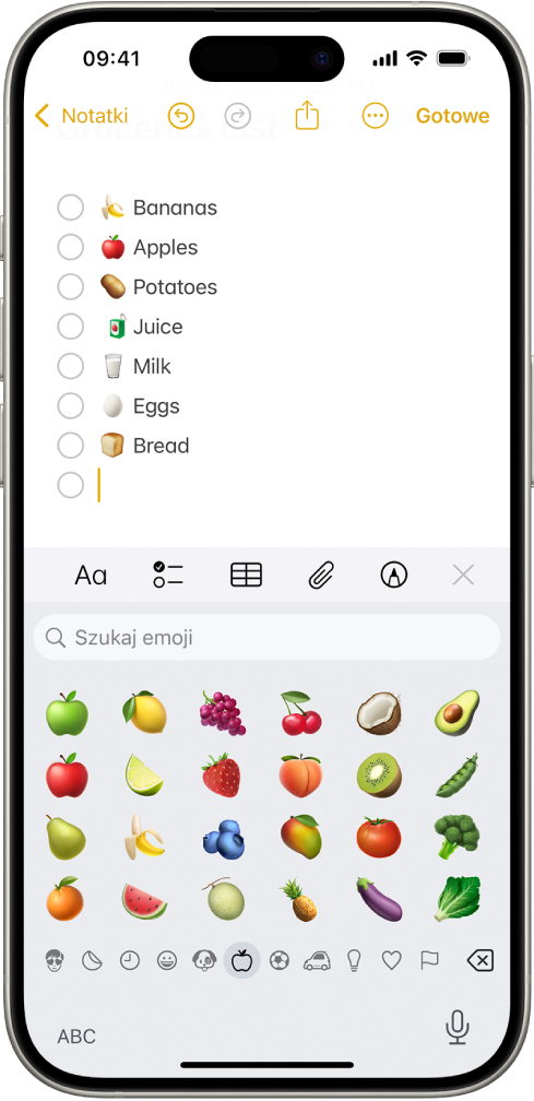 Notatka otworzona w aplikacji Notatki, widoczna w górnej części ekranu. W dolnej połowie ekranu wyświetlana jest klawiatura emoji.