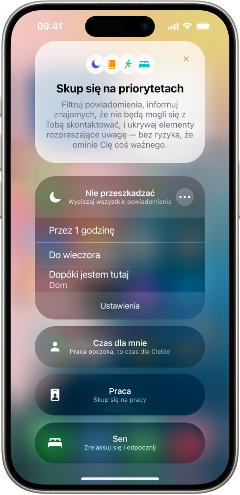 Ekran, na którym możesz wybrać, jak długo tryb Nie przeszkadzać ma być włączony. Dostępne opcje to: Przez 1 godzinę, Do wieczora oraz Dopóki jestem tutaj.