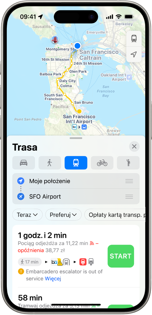 Mapa przedstawiająca trasę przejazdu transportem publicznym. Widoczna na dole karta trasy zawiera szczegóły obejmujące szacowany czas oraz łączny koszt. Po prawej stronie szczegółów trasy widoczny jest przycisk Start.