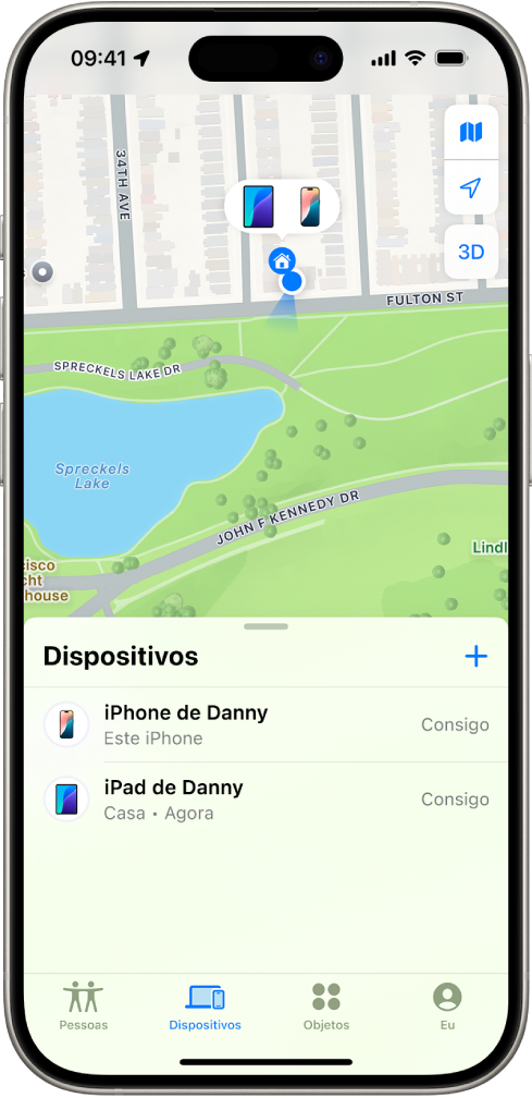 O ecrã da aplicação Encontrar a mostrar dois dispositivos em casa.