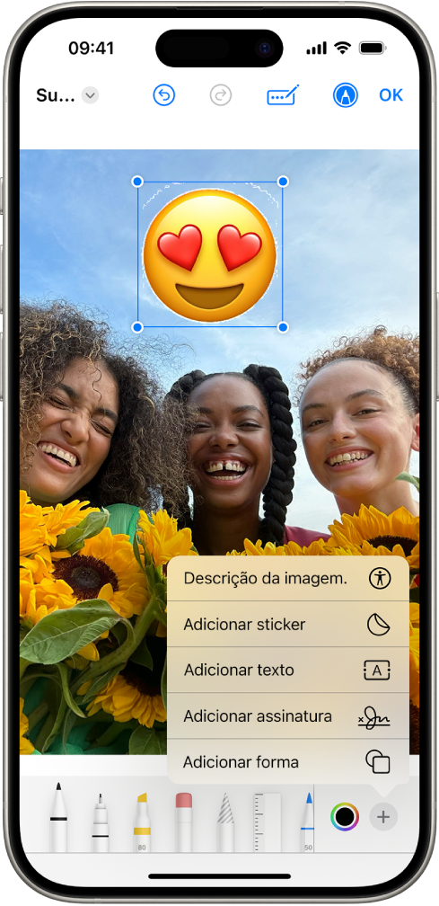 No Mail, um ficheiro PDF de um anexo tem um sticker de um emoji. Por baixo da página web encontram-se os botões de marcação.