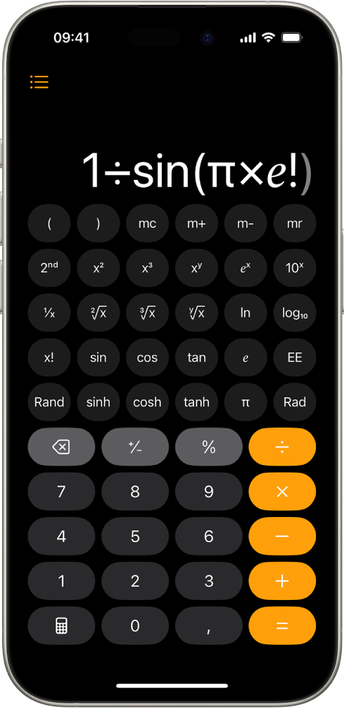 O iPhone mostra a calculadora científica com funções exponenciais, logarítmicas e trigonométricas.