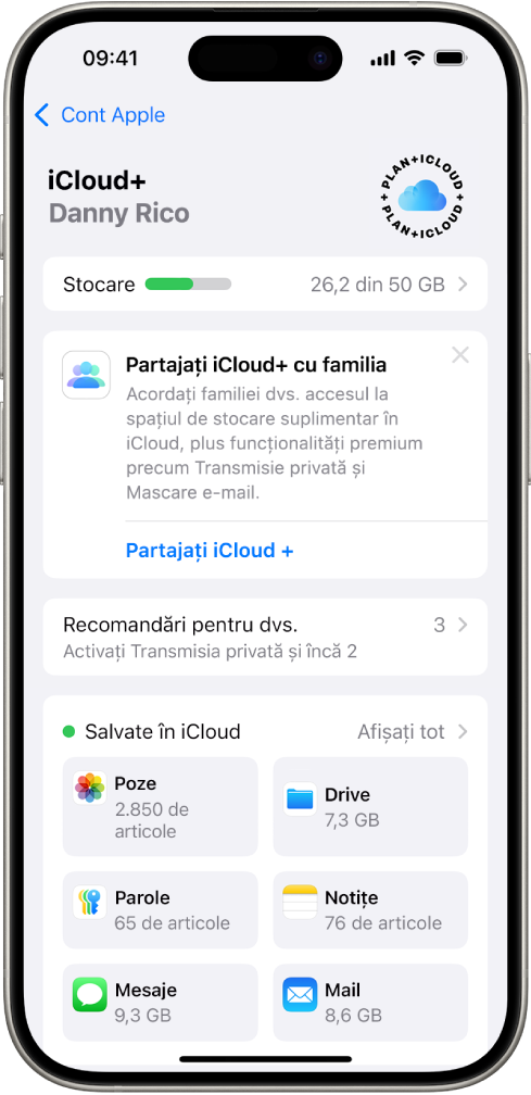 Ecranul de configurări iCloud afișând contorul de stocare iCloud și o listă de funcționalități, inclusiv Poze, iCloud Drive și Backup iCloud ce pot fi utilizate cu iCloud.
