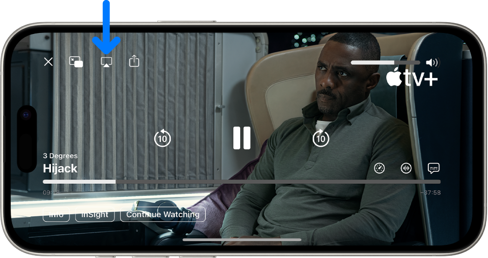 iPhone స్క్రీన్లో ప్లే అవుతున్న మూవీ. స్క్రీన్ మధ్యలో ఉన్నవి ప్లేబ్యాక్ కంట్రోల్లు. AirPlay బటన్ ఎగువ ఎడమ వైపున ఉంది.