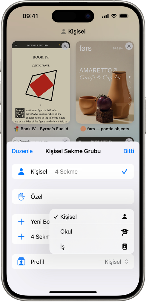 iPhone ekranında Sekme Grupları menüsü açık olarak bir sekme grubu gösteriliyor. Menünün en altında Profil seçili ve menüde Kişisel, Okul ve İş profilleri gösteriliyor. Şu anda Kişisel profili seçili.
